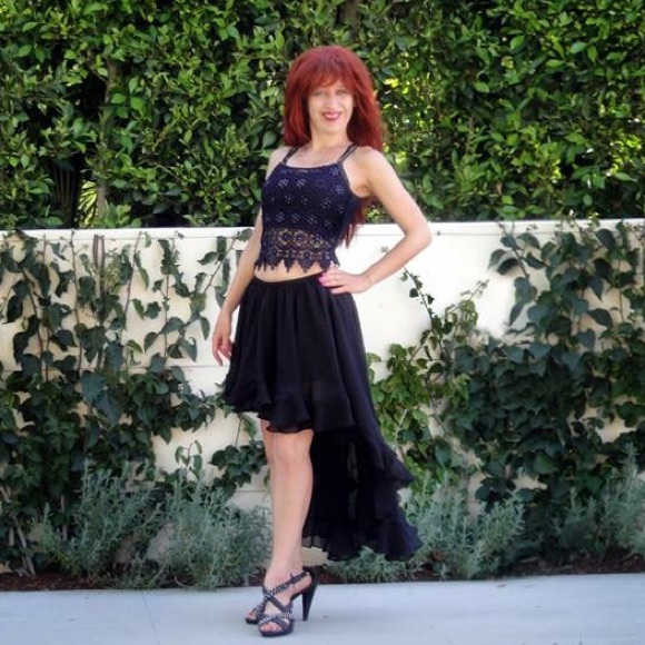 Ameynra high low skirt black chiffon with ruffle - Picture 2 of 3